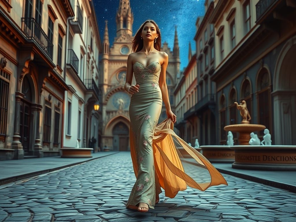 Supermodel in Starry Dress, Renaissance City Street