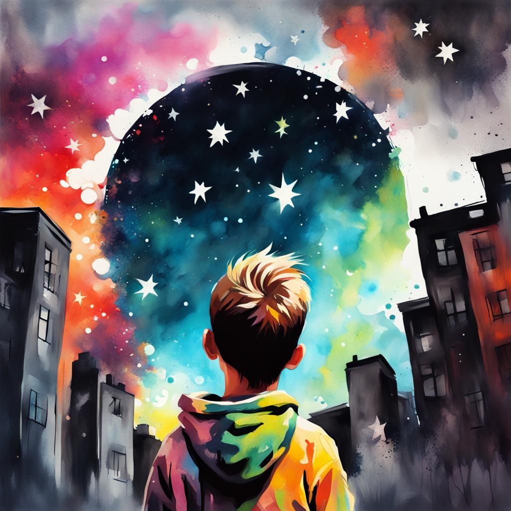 Boy Stargazing in Digital Watercolour Graffiti Art