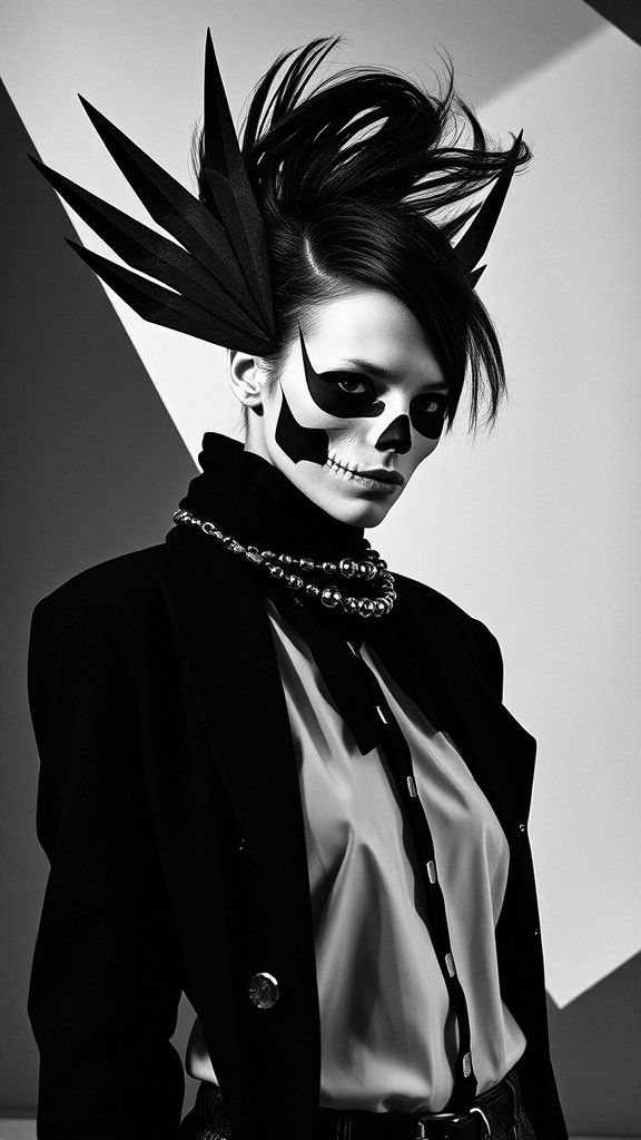 Geometric Skull Fashion Model in Dadaist Black and White