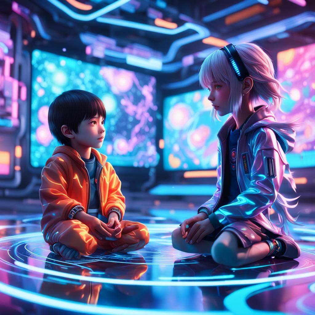 Holographic Playmate and Child in 3D Anime Style