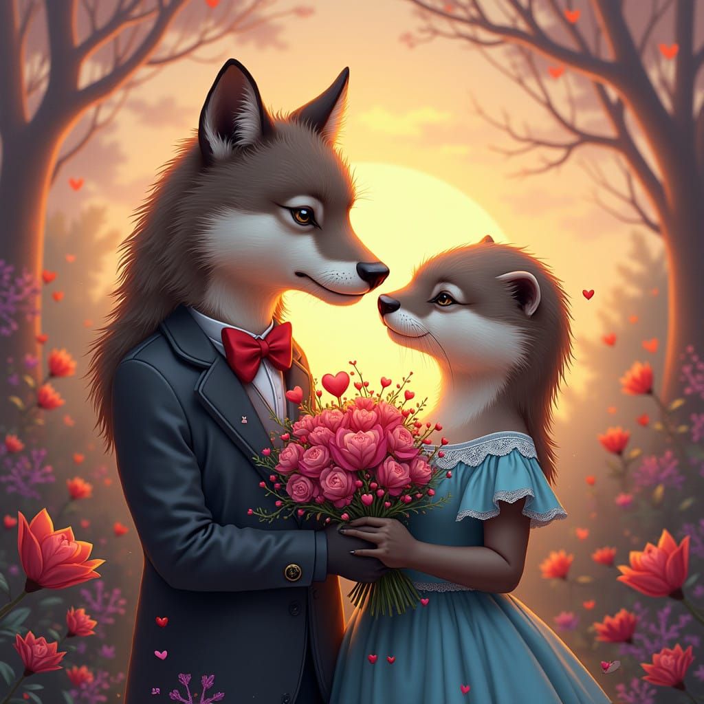Wolf and Otter Couple in Whimsical Valentine's Day Setting