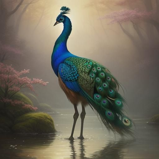 Photo edit of a peacock with a flowing tail, tropical atmosphere, minimalistic design, simple composition, background co...