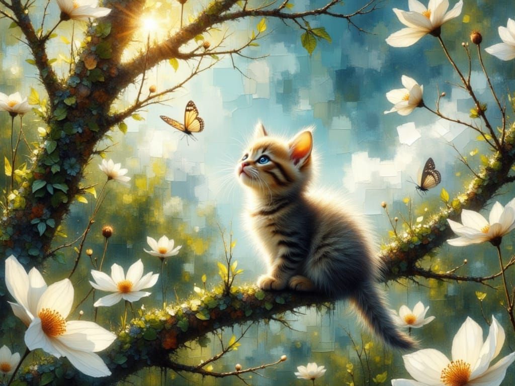 Cute Kitten on Branch in Golden Forest