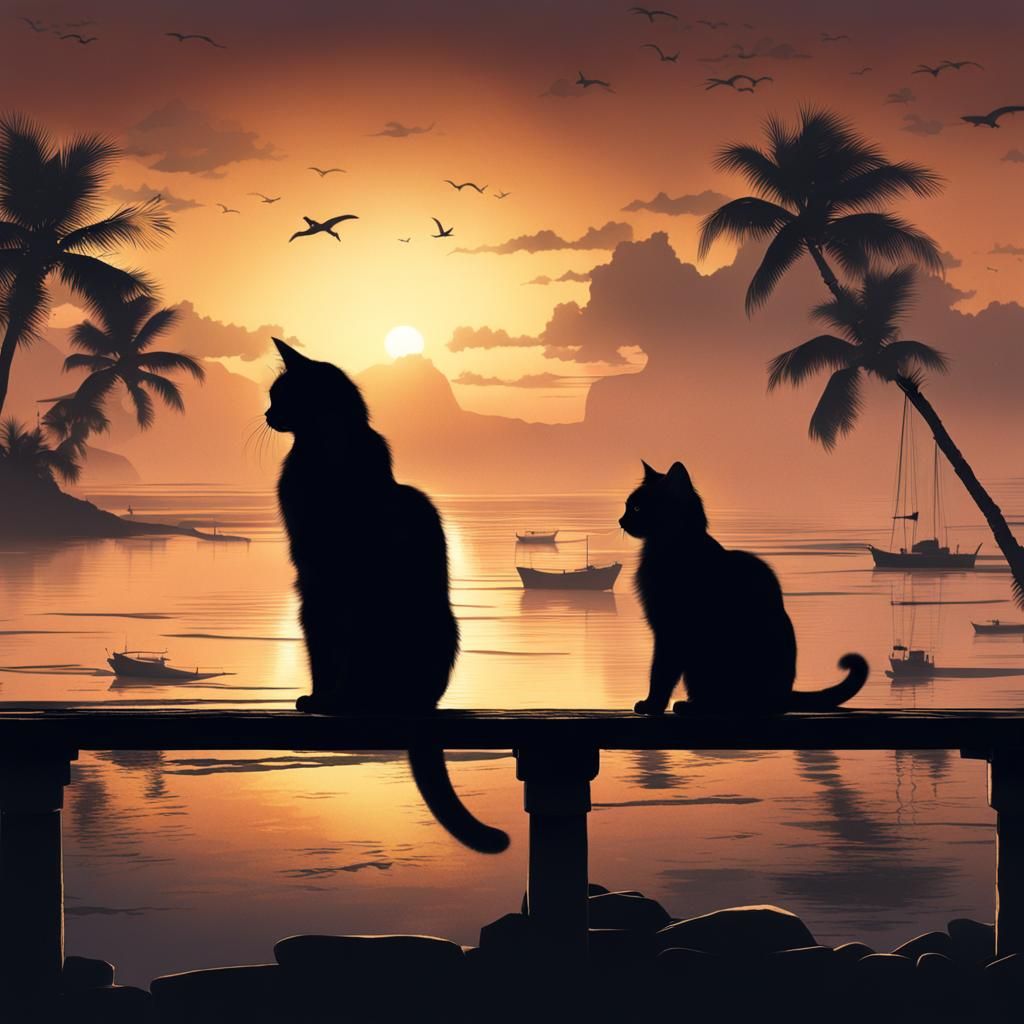 Cat Silhouette at the Beach: Digital Matte Painting