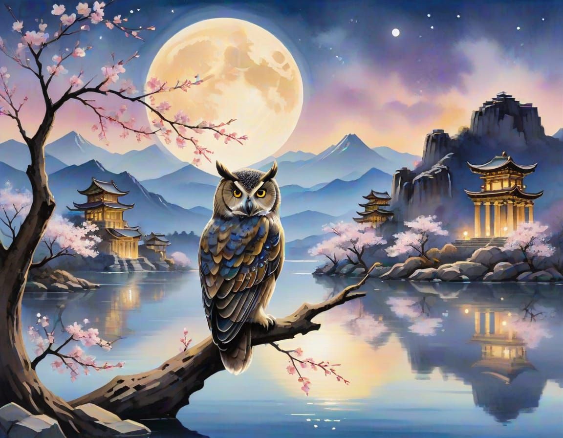 Ethereal Sakura Scene in Sumi-e Style with Mosaic Patterns