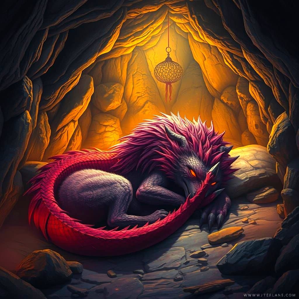 Werewolf and Dragon Sleeping in Lantern-Lit Cave