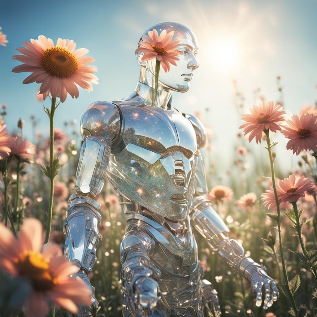 Crystalline Humanoid Gazing at Flowers in Sunlight