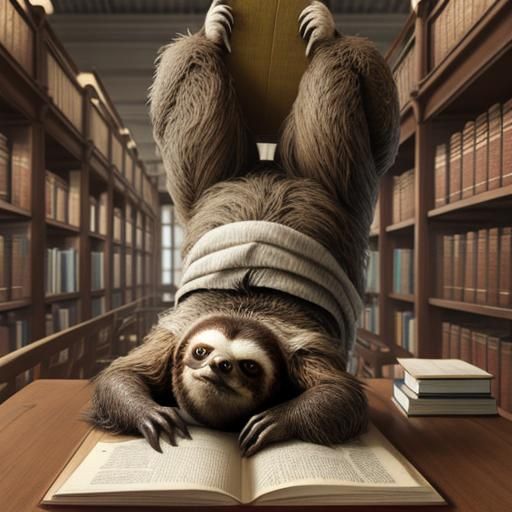 A sloth reading a book in a library, hanging upside down.