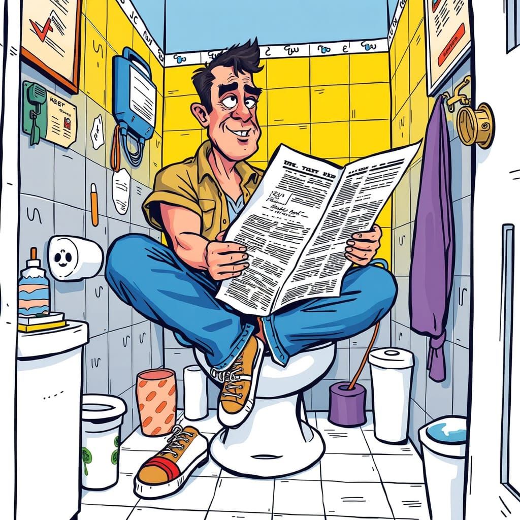 Cartoon Man Reading Newspaper on Toilet