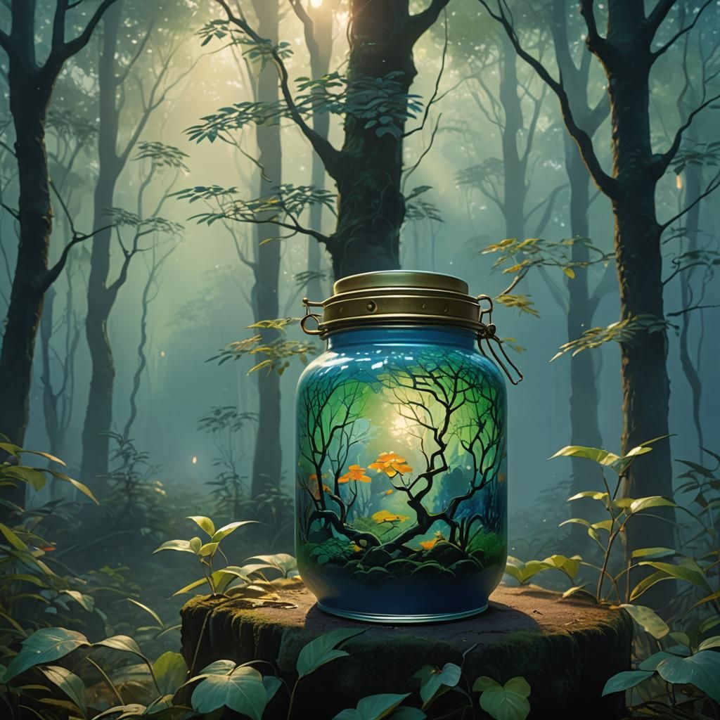 Glowing Jade Jar in Misty Forest