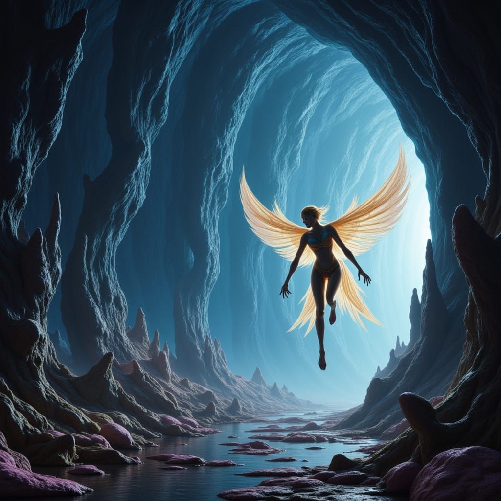 Alien Fairy in Bioluminescent Crystal Cave
