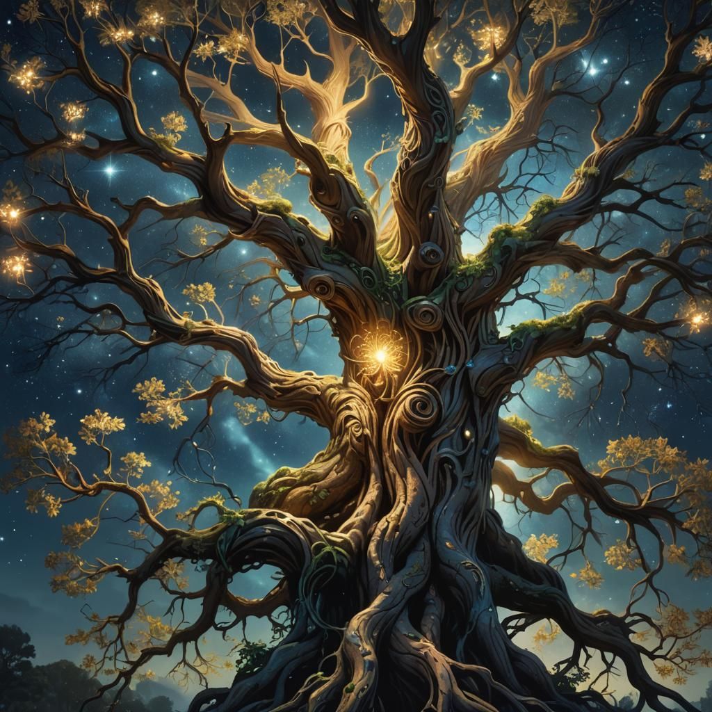 Ethereal Tree with Glowing Roots in Renaissance Style