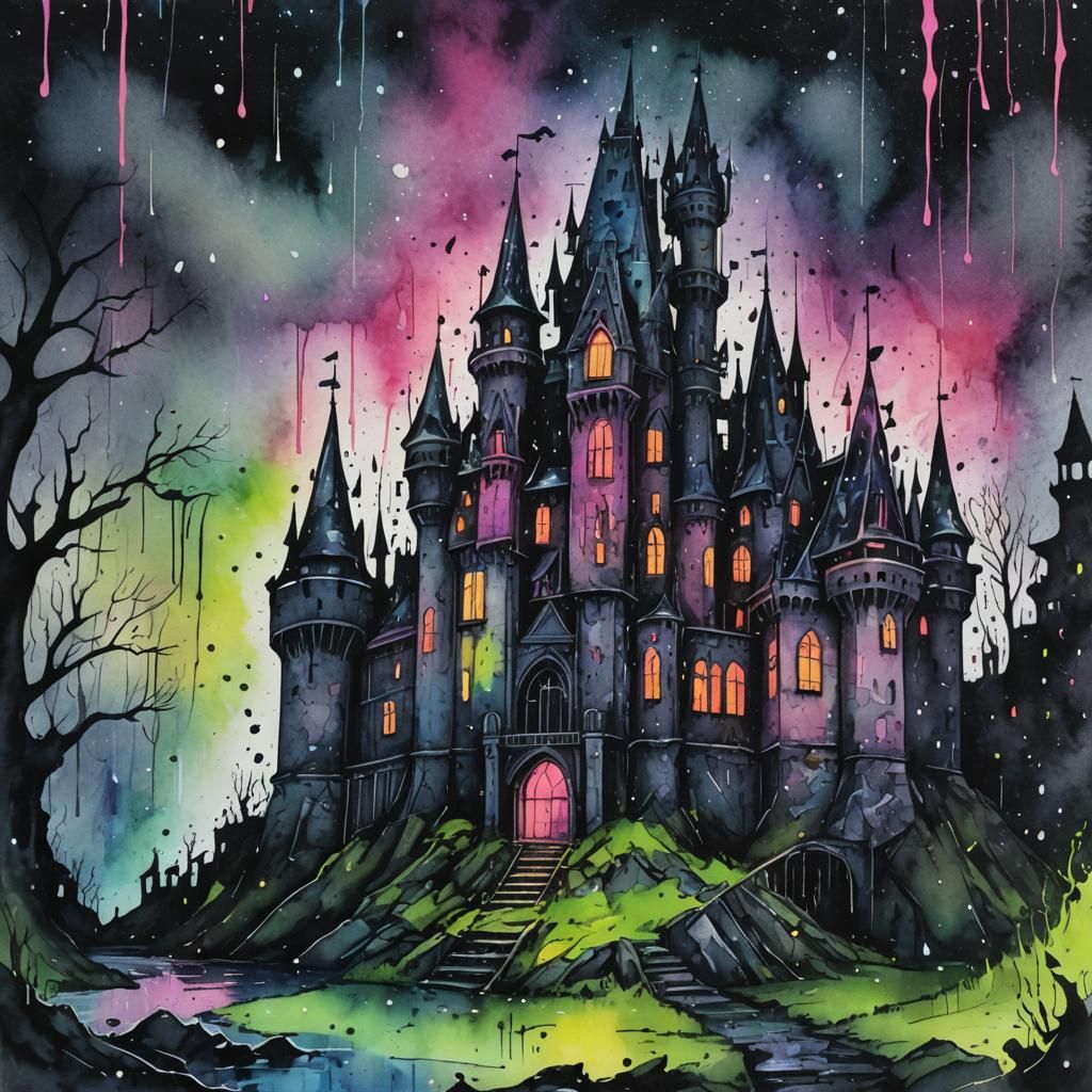 Neon Horror: Haunted Castle in Watercolour