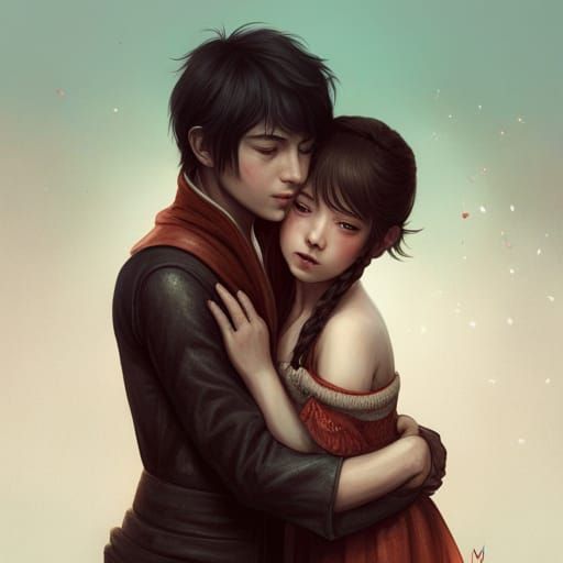 Anime Girls Embrace: Detailed Fantasy Portrait