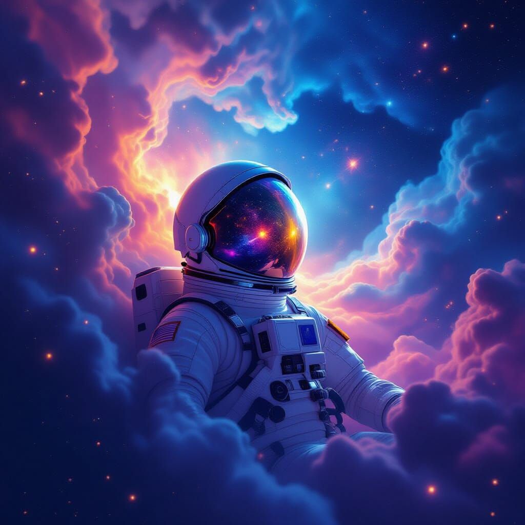 Astronaut Adrift in Cosmic Nebula Reflecting Galaxies