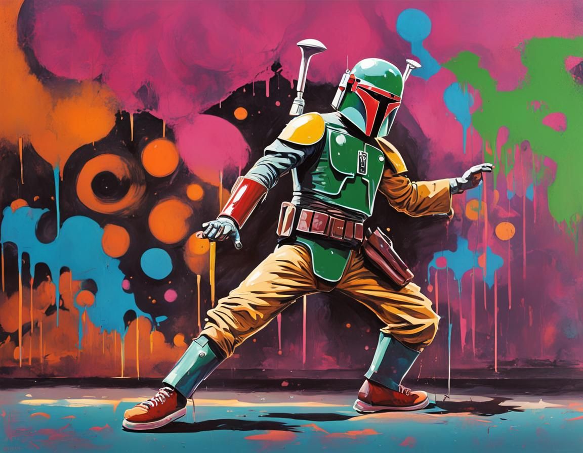 Boba Fett Breakdancing at 70s Roller Disco Graffiti Art