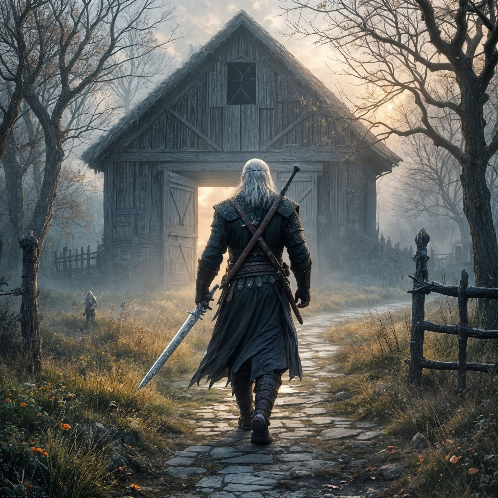Witcher Walks into Morning Barn