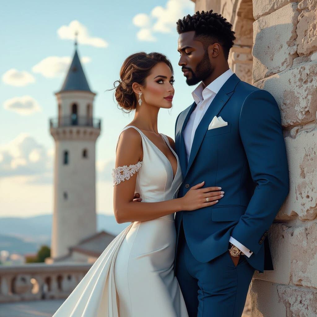 Elegant Woman with Model in European Landscape