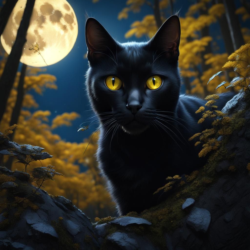 Black Cat in Forest Under Blue Moon: Matte Painting
