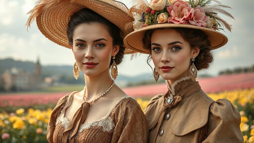 Ornate Filigree Hats: Belle Epoque Women in Dreamy Landscape