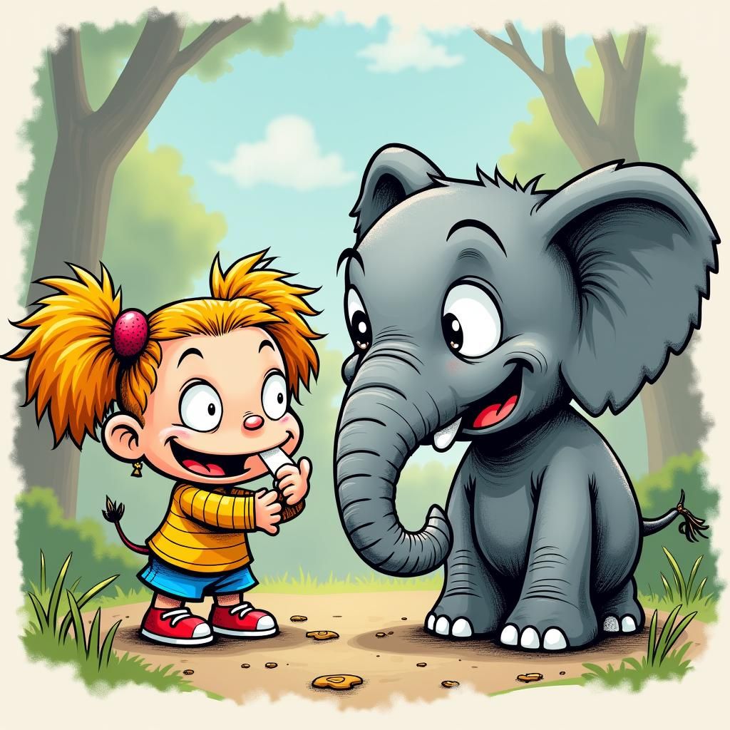 Twins Feeding Elephant: 90s Cartoon Style