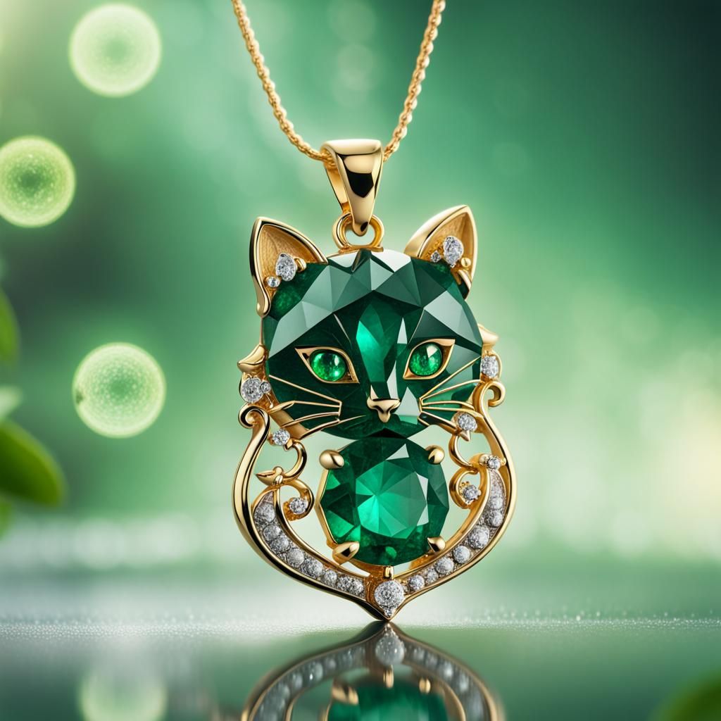 Emerald Cat Pendant with Dewdrops