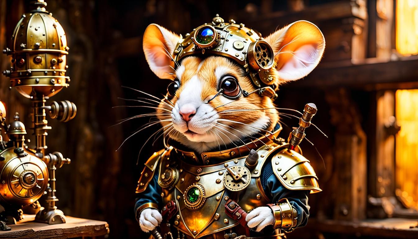 Renaissance Steampunk Hamster in Workshop, Inspired by da Vi...