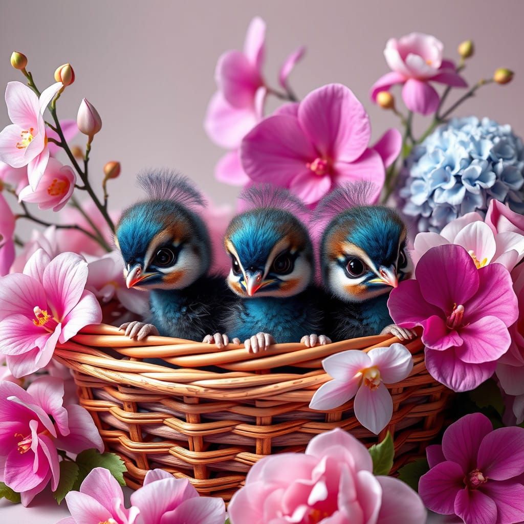 Fluffy Baby Peacocks Embark on Whimsical Floral Adventure