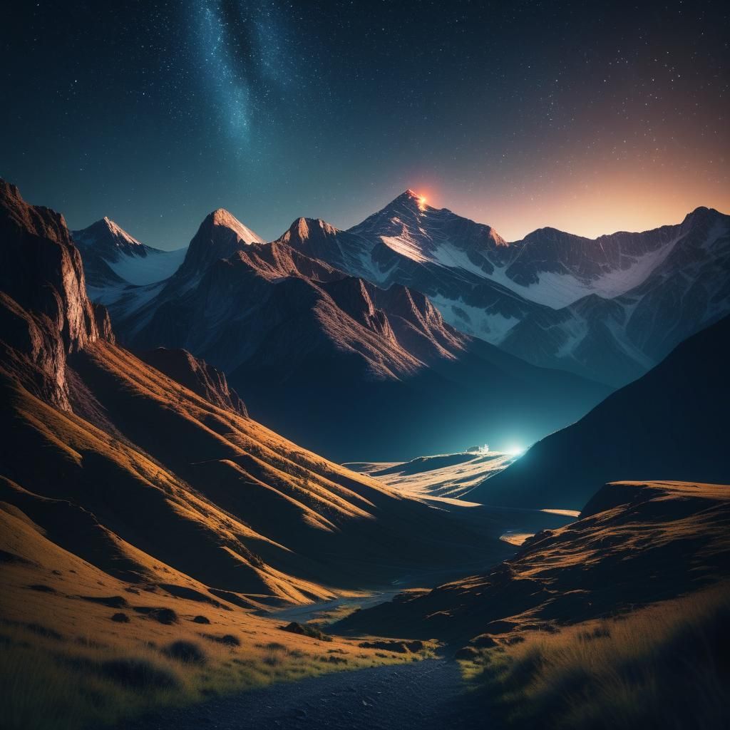Dramatic Mountain Landscape Under Starry Night Sky