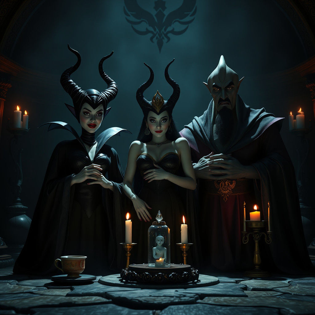 Disney Villains in a Dimly Lit Chamber