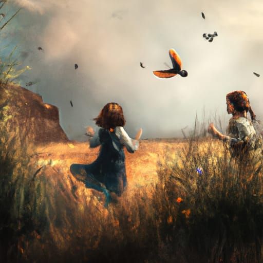 Girls in Meadow with Birds Taking Flight