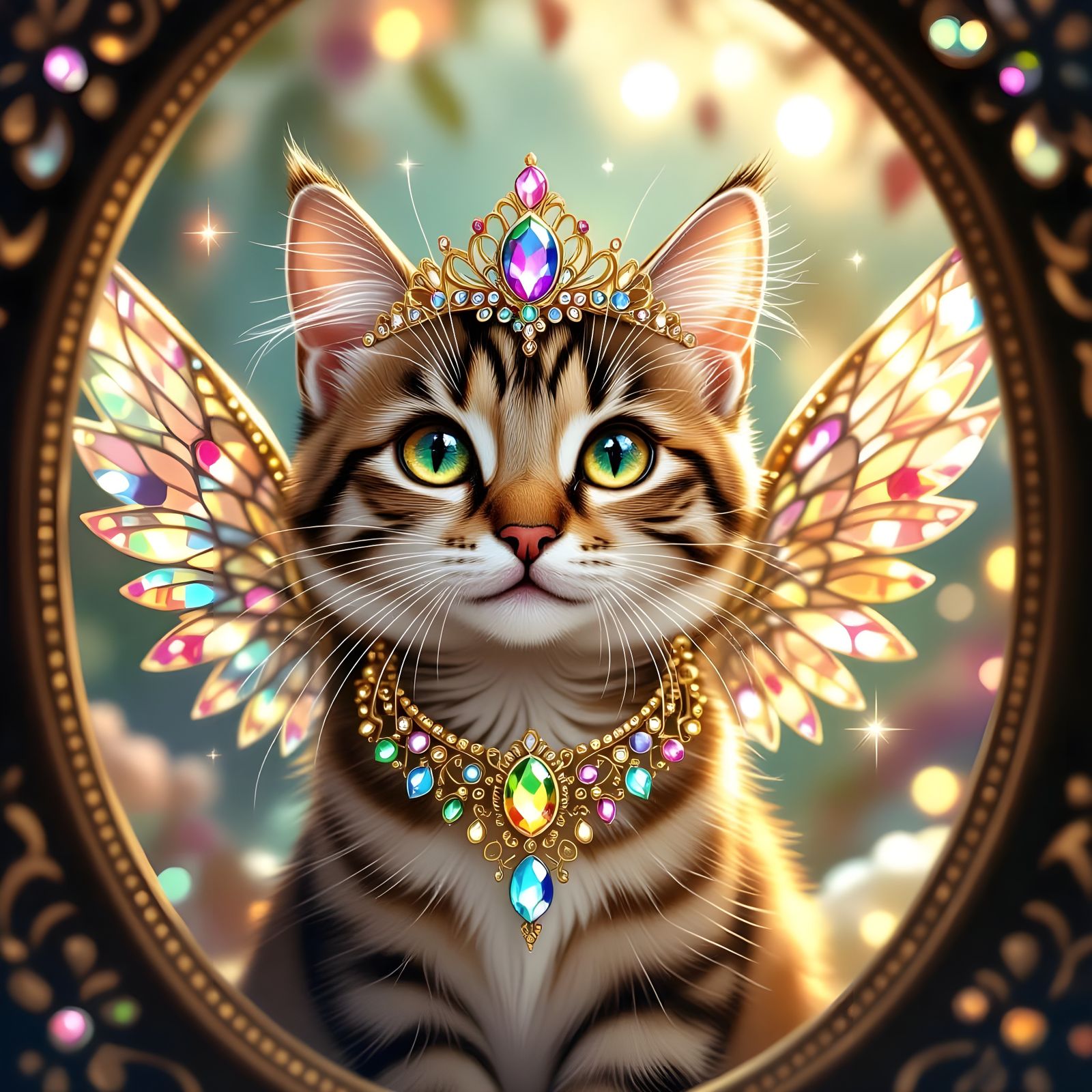 Ornate Tabby Cat with Glittering Wings and Tiara