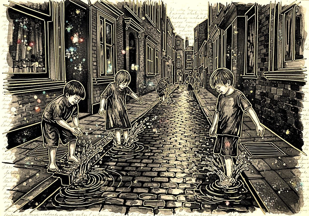 Children Play in Flooded Victorian Street: Tempera Collage