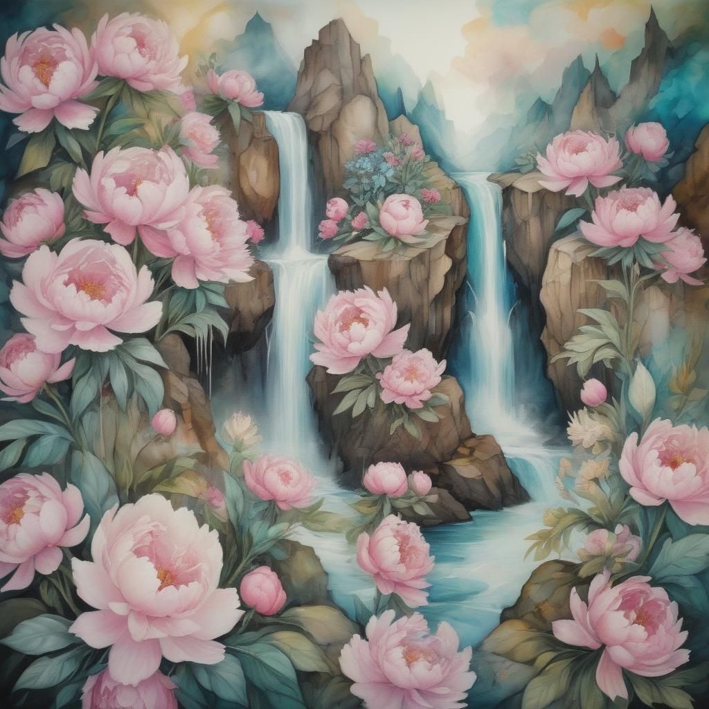 Surreal Cubist Dreamscape with Waterfall and Peonies