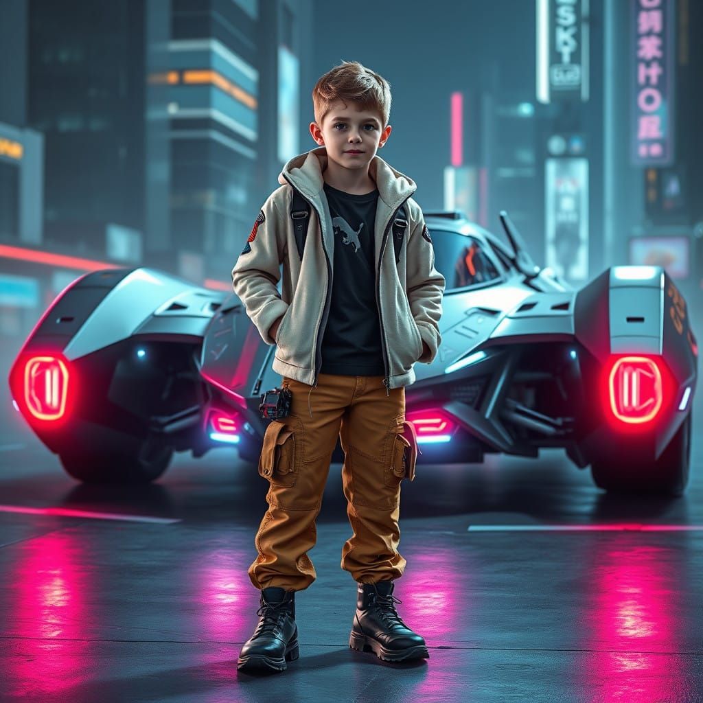 Boy Stands Beside Futuristic Flying Car-Spaceship in Dark Cy...
