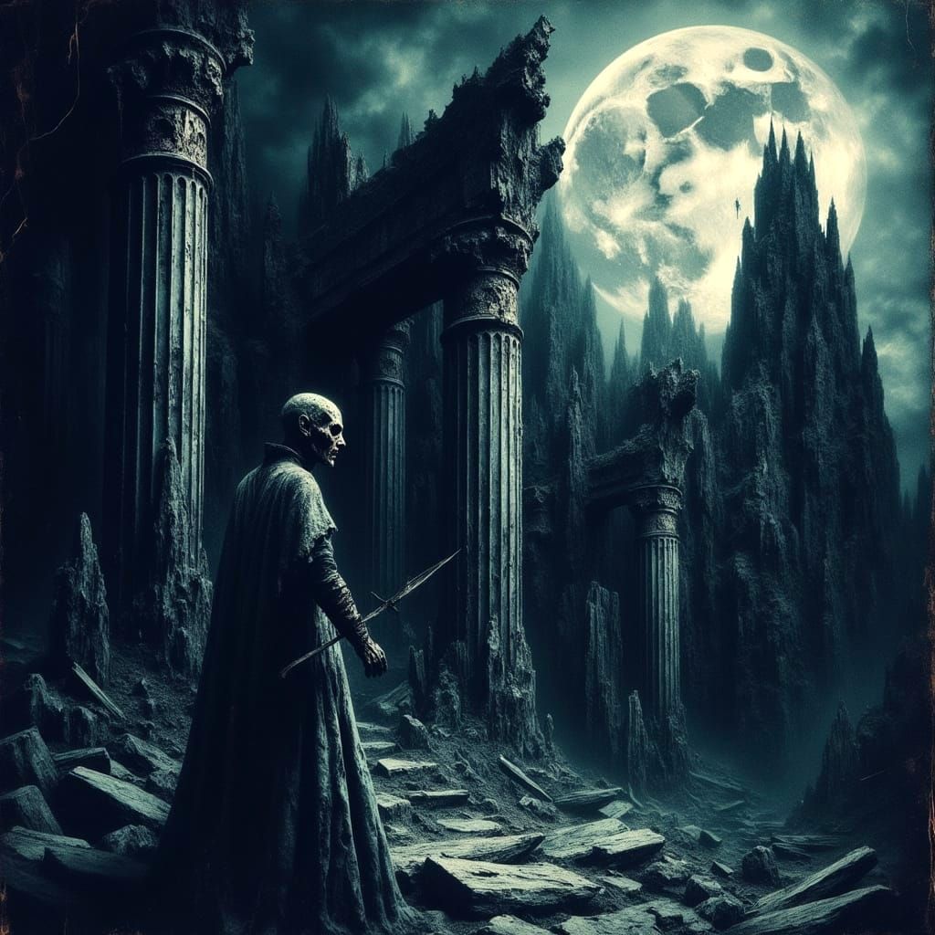 Dark Fantasy Priestess Battles Undead in Gothic Temple Ruins