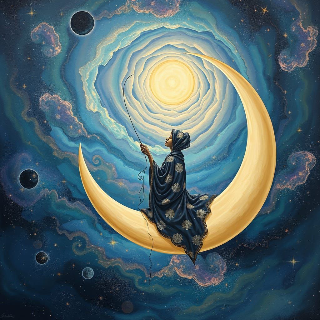 Cosmic Fisherman on Crescent Moon in Dreamlike Style