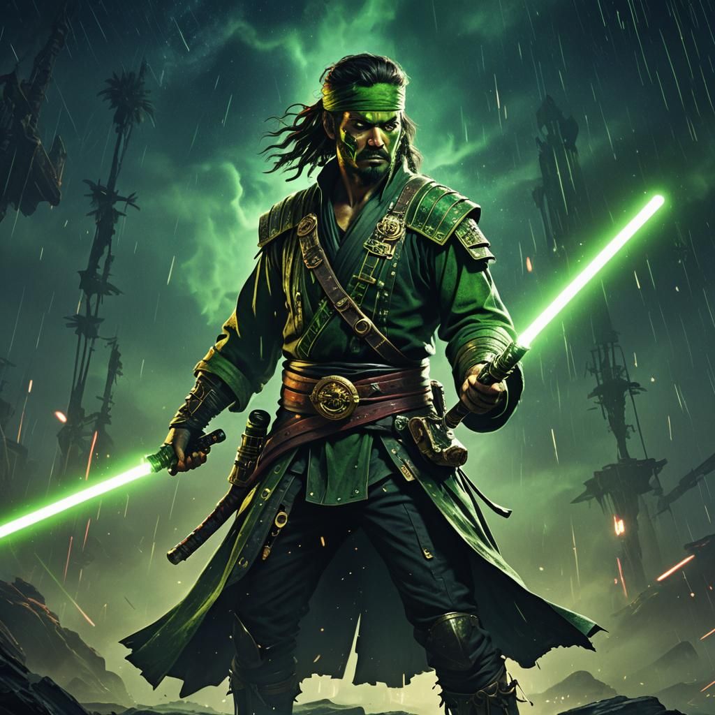 Sci-Fi Pirate Warrior with Lightsaber in Space