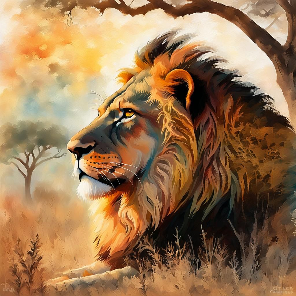 African Lion Double Exposure Impasto Painting