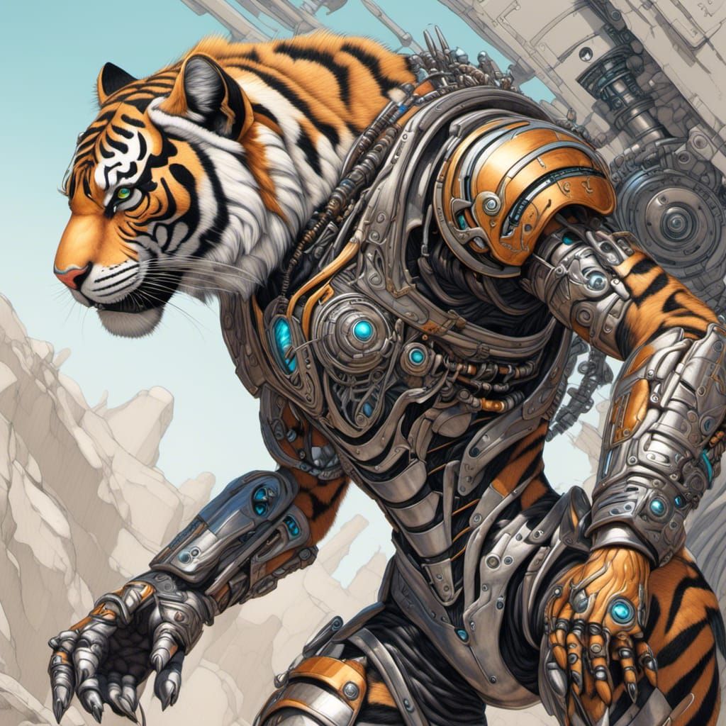 Anthro Tiger Cyborg on Sci-Fi Battlefield