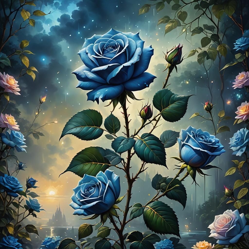 Ultra-Realistic Blue Rose with Bioluminescent Effects