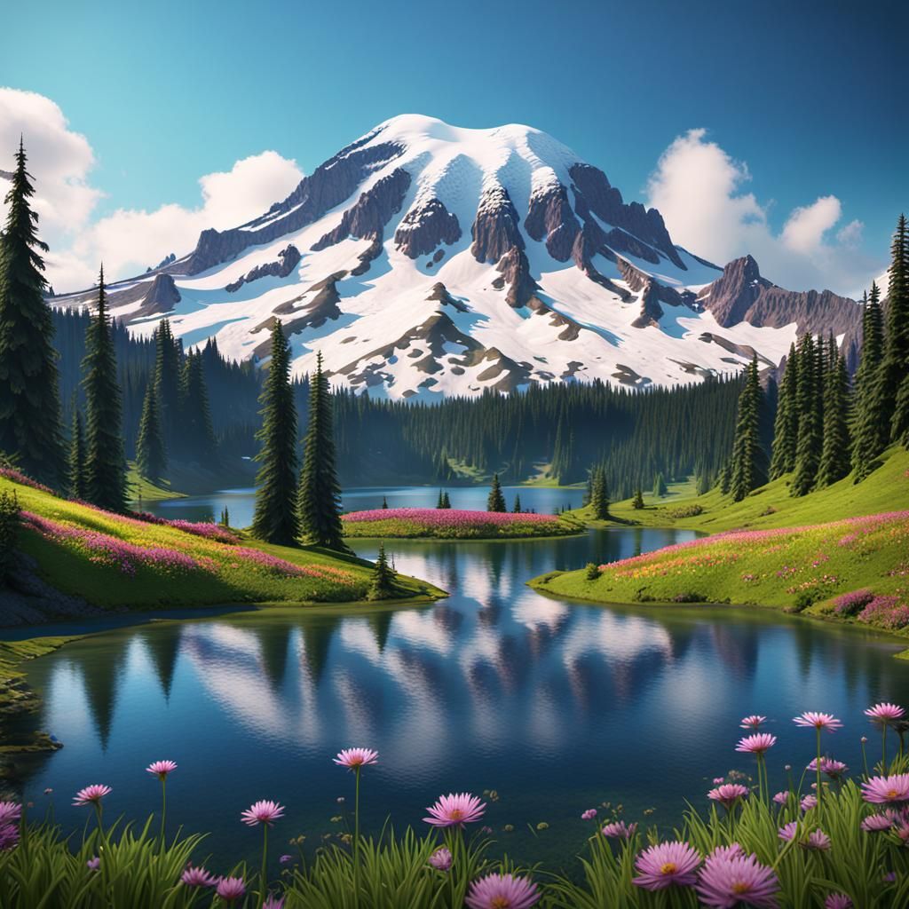 Springtime at Mt. Rainier: A Detailed Matte Painting