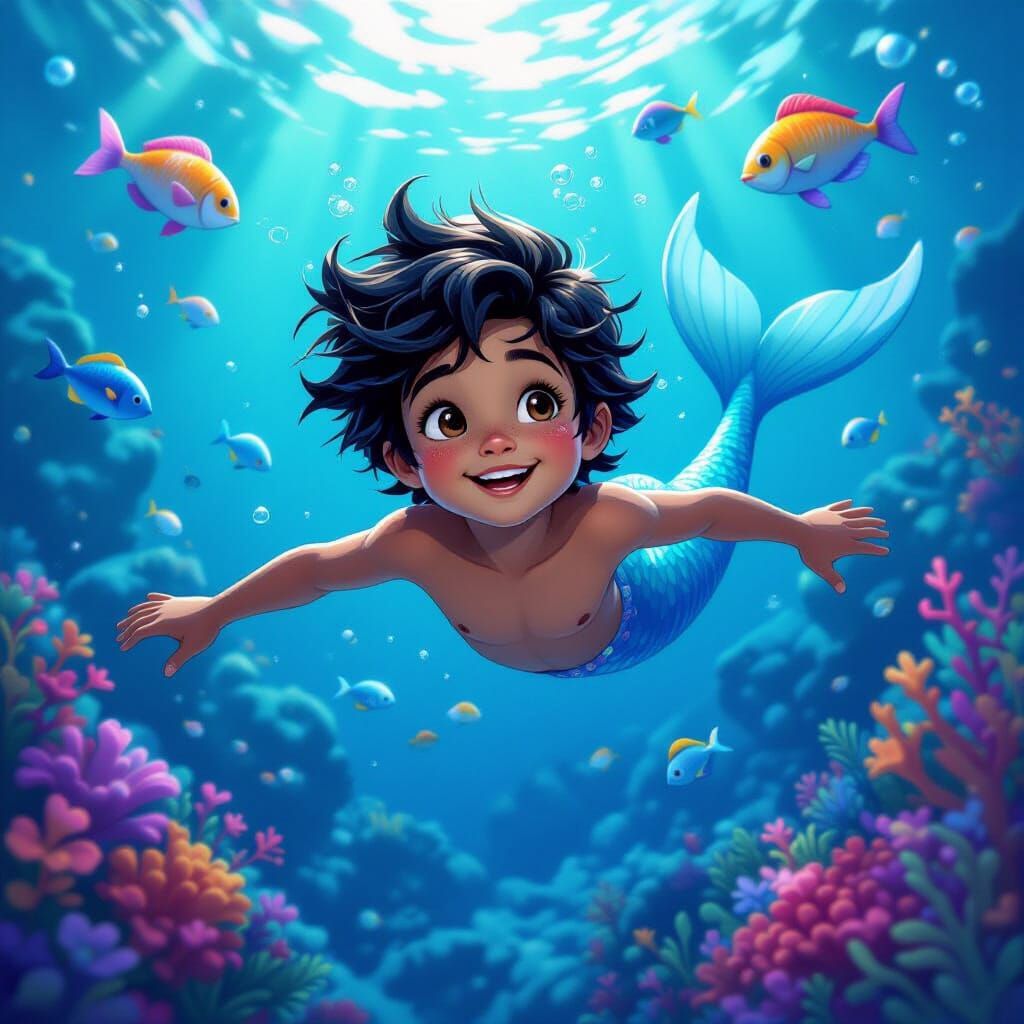 Joyful Merboy in Bioluminescent Fantasy Ocean