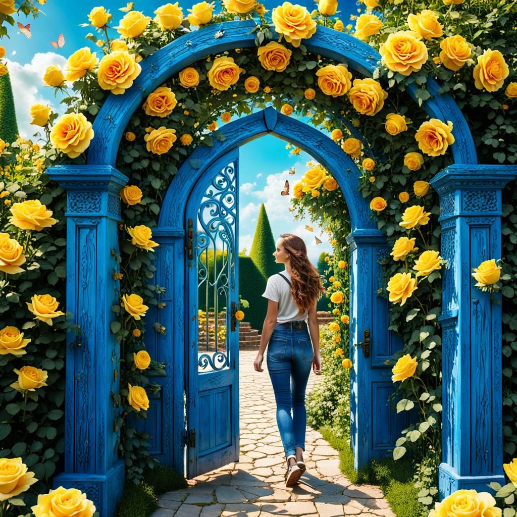Woman in Floral Garden Gateway with Yellow Roses