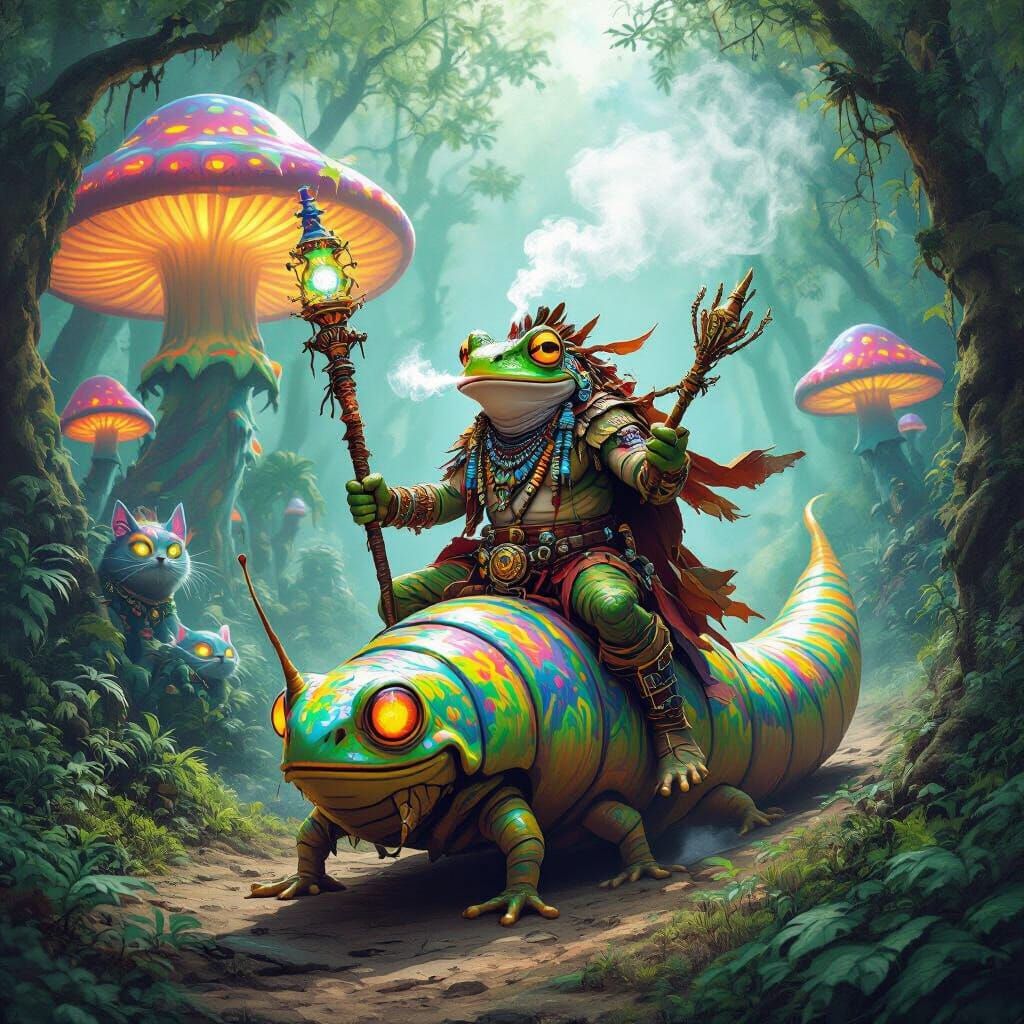 Frog Shaman Rides Caterpillar Through Mushroom-Cat Forest