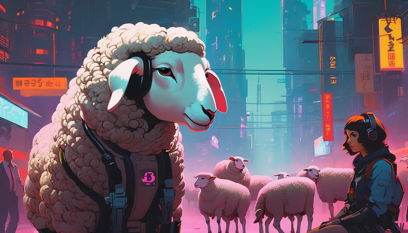 Cyberpunk Sheep Portrait in Noir Cityscape