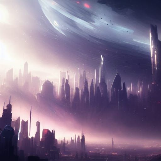 Epic City Skyline in Space, Dark Fantasy Art