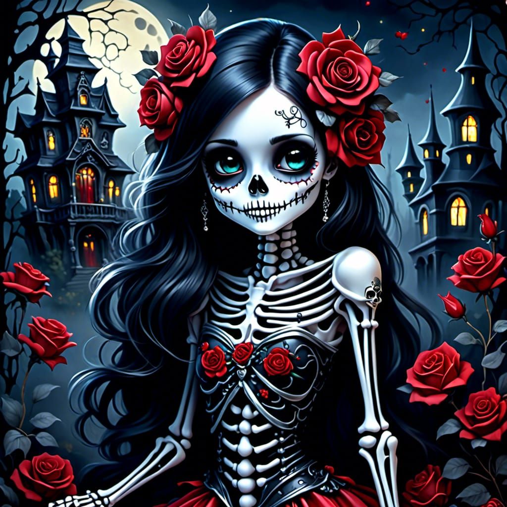 Skeleton Girl with Roses in Gothic Horror Scene