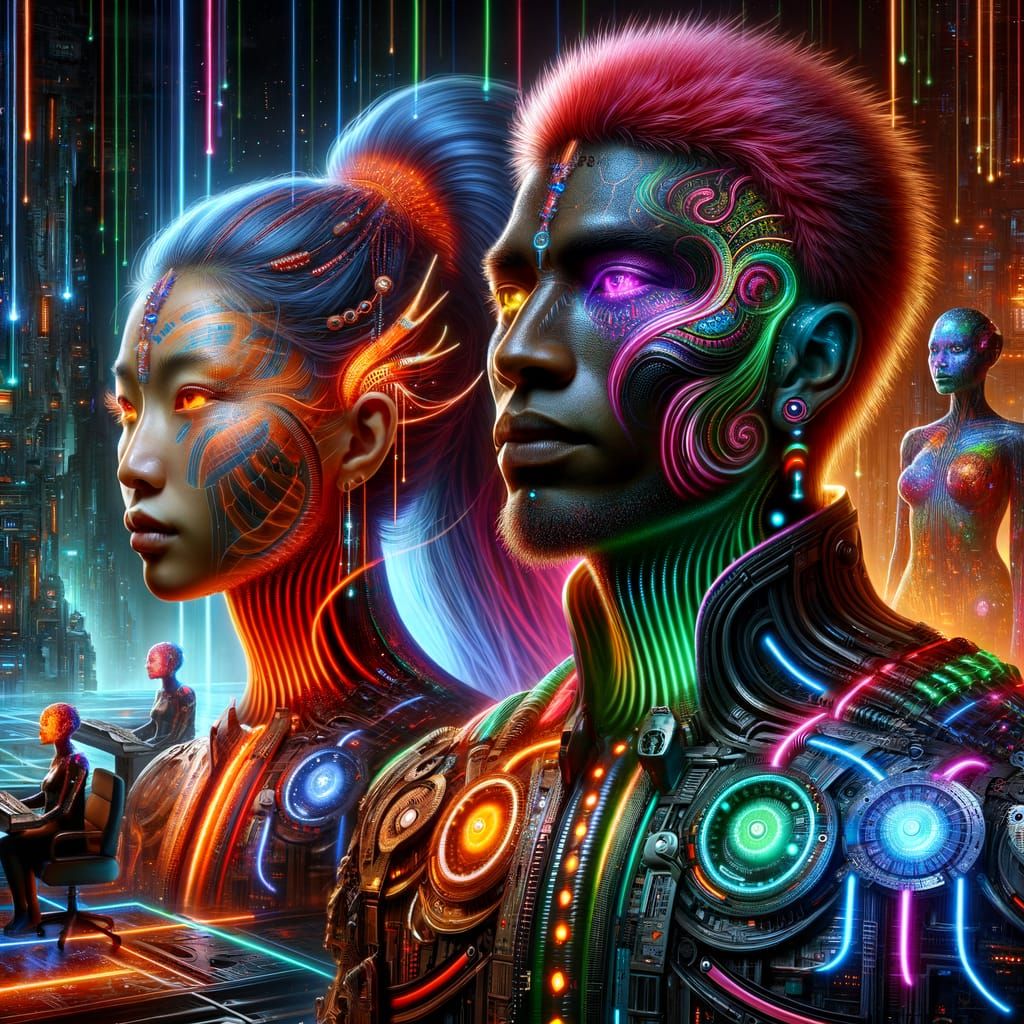 Futuristic Cyberpunk Metropolis with Spinosaurus-Human Hybri...