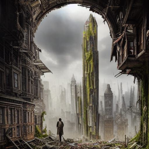 Apocalyptic City: Destroyed Skyscraper with Travelers